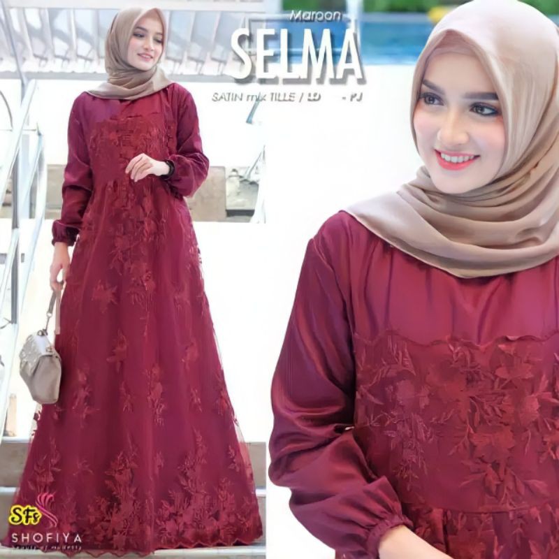 Size L XL XXL / Gamis Muslim Farasya / Maxi Brukat Selma Tulle Premium Jumbo Murah Brokat Navy Marun-1