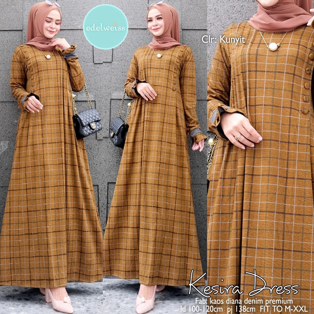 GAMIS WANITA PANJANG MODEL CASUAL MOTIF KOTAK BAHAN KAOS DIANA DENIM PREMIUM SERI KESIRA