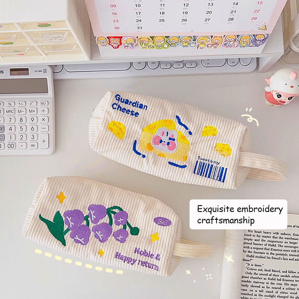 

Corduroy Embroidered Pencil Case Kawwai Korean Stationery Pen Case Pouches Storage Bag Pencil Bag Ki