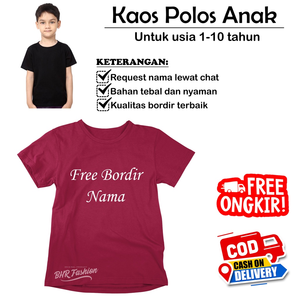 Kaos Polos Anak 1-10 Tahun Free Bordir Nama