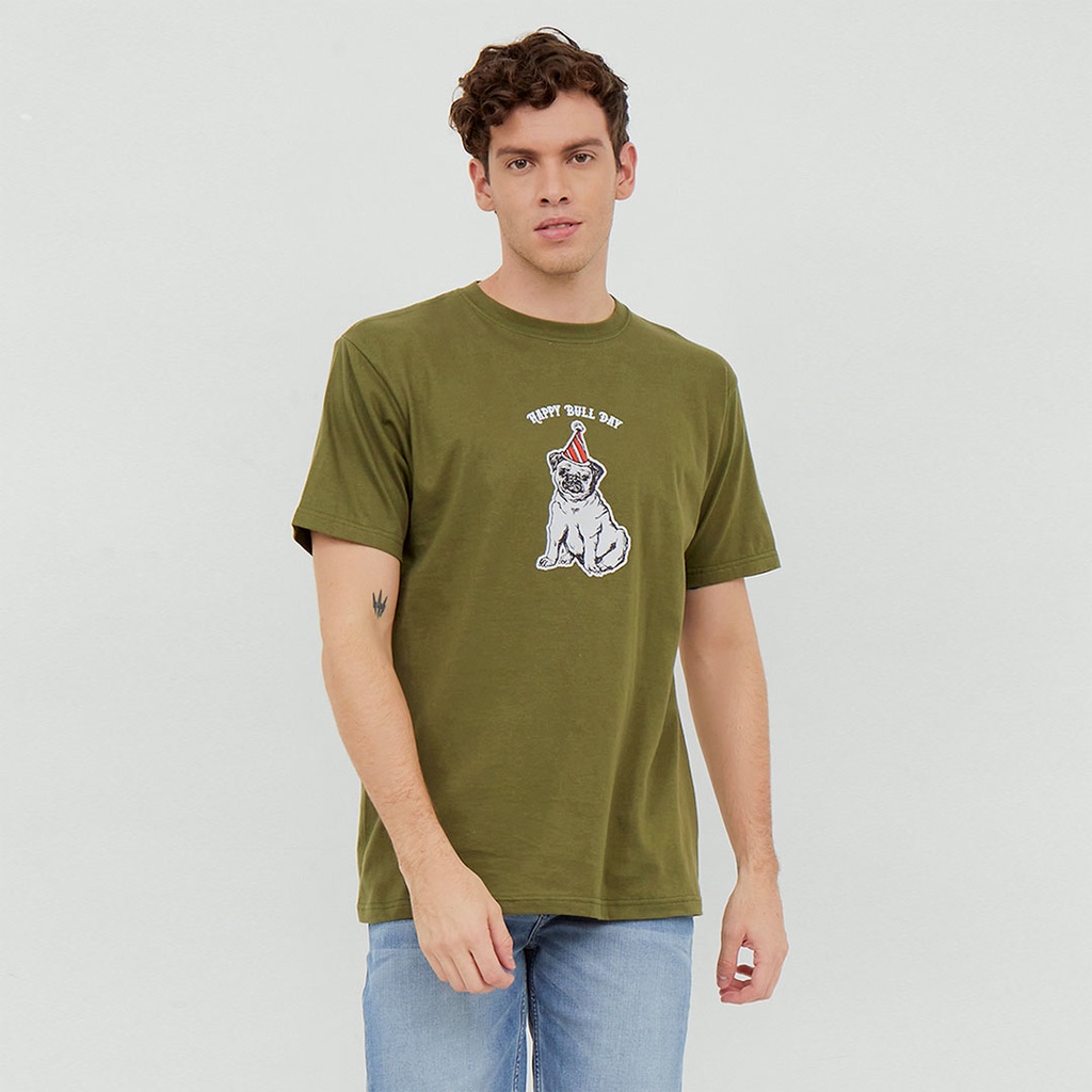 JOY SHADE Kaos Print Hijau Army BULL DAY Circular Knit T-Shirt