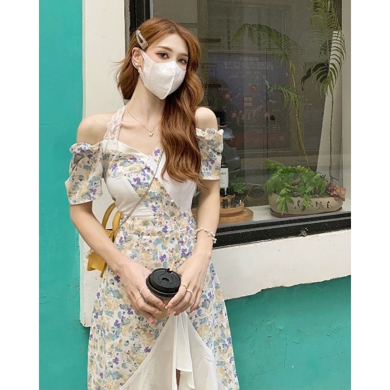 Desain ceruk pinggang dan gaun halter bunga tipis 2022 rok fishtail setengah bahu baru satu bahu