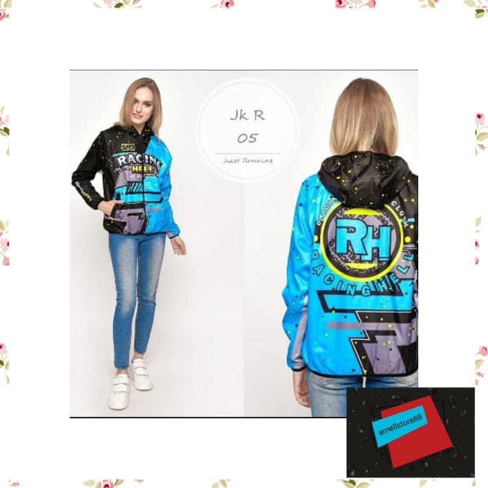 Jaket Pria parasut parka gunung RACING HELL Printing Hitam Biru Muda WE13