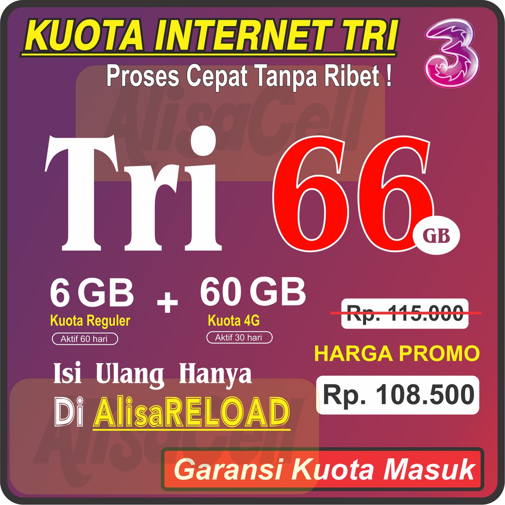 AlisaReload [MURAH] KUOTA INTERNET TRI 33GB 66GB FULL 24JAM