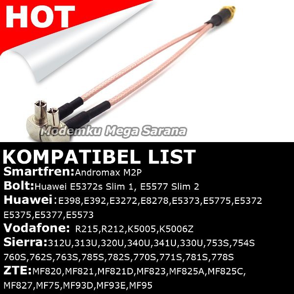 Pigtail Modem ZTE MF820,MF821,MF821D,MF823,MF825A,MF825C,MF827,MF75,MF93D, MF93E,MF95 - TS9 Dual