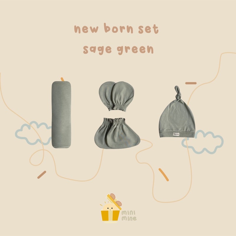 Minimine - New Born Set New Color ( Swaddle + Knot Hat + Mitten and Botties ) berisi bedong, topi, dan sarung tangan dan kaki bayi baru lahir-SAGE GREEN