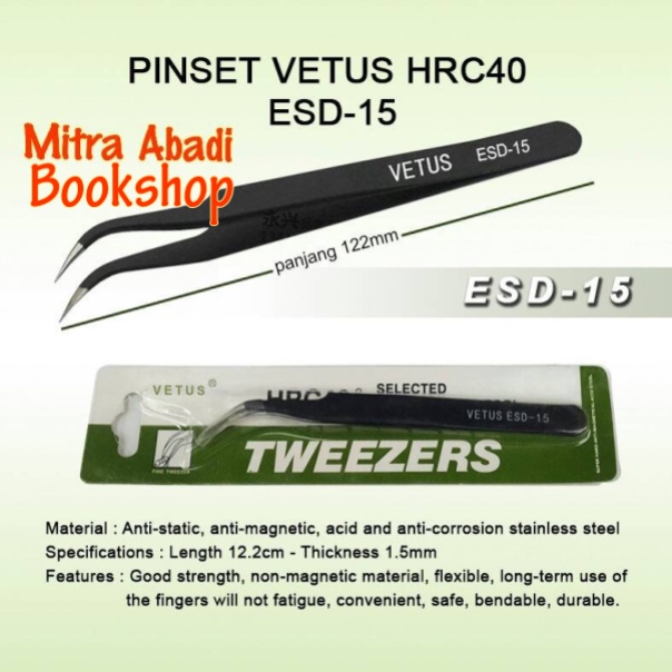 Pinset/Tweezer Vetus HRC40 ESD 12 ESD 13 ESD 15 Hitam