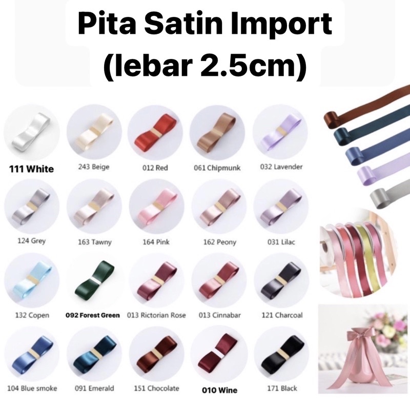 

Pita Satin 2.5 cm Import (ecer per meter) untuk Hampers Buket Kado Natal Kain Saten Besar 1 inch Tali Pita Kado