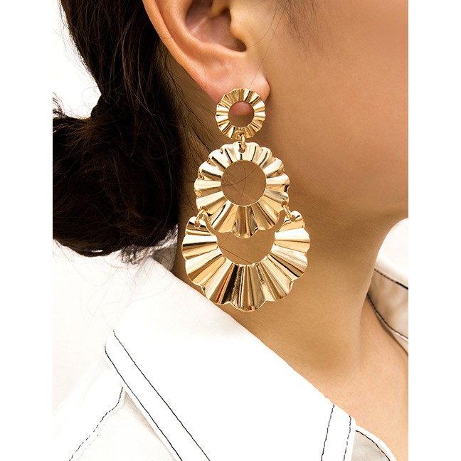 LRC Anting Tusuk Fashion Hollow Square Bump Pleat Round Stitching Stud Earrings F72584