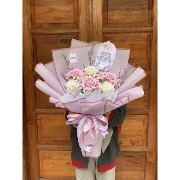 Buket Bunga Palsu Rose mix Pompom - Buket wisuda/ Ultah/ Anniversary Murah