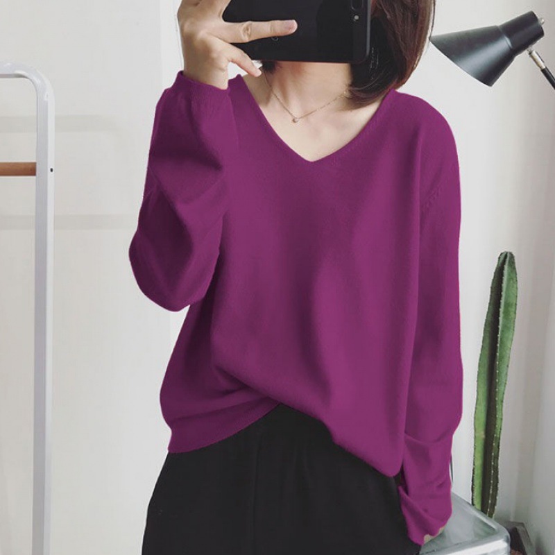 Wanita v-neck sweater mahasiswi versi Korea longgar bottoming kemeja warna solid lengan panjang pull