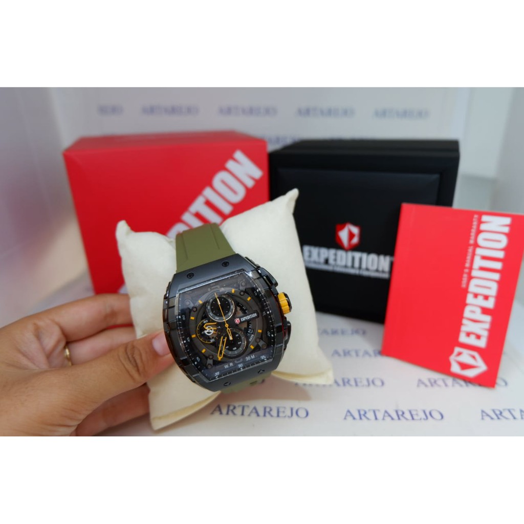 JAM TANGAN PRIA EXPEDITION E6782 RUBBER HIJAU STRIP KUNING ORIGINAL
