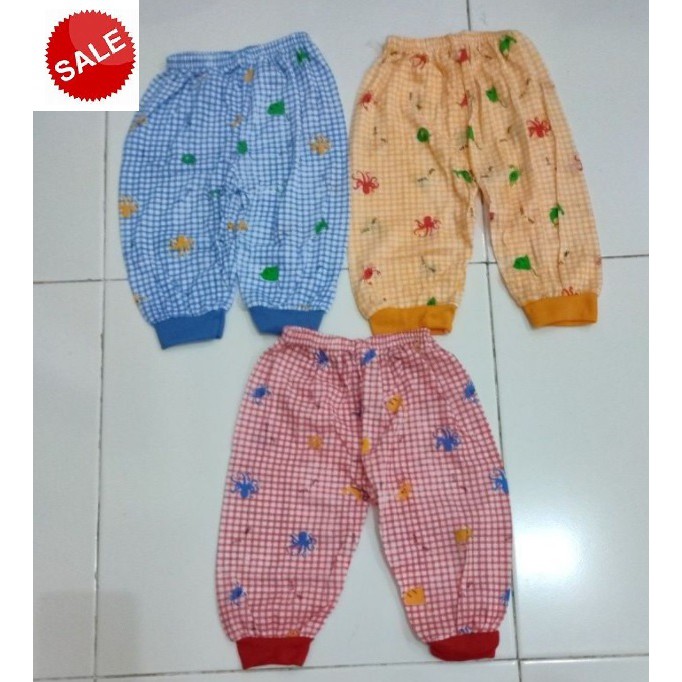 1 Lusin celana panjang bayi motif kotak sablon long pantswarna mix pink biru kuning long pants bayi