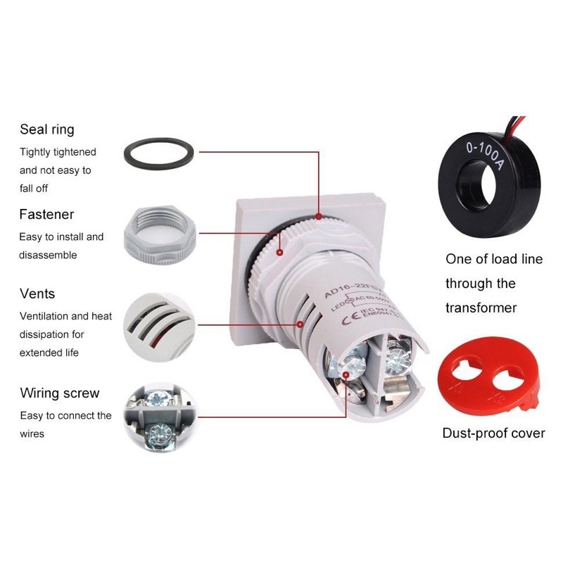 22mm 3in1 Square LED Pilot Lamp Voltage Current Frequency Meter CT 3 in 1 Ampere Volt Hz Tegangan AC