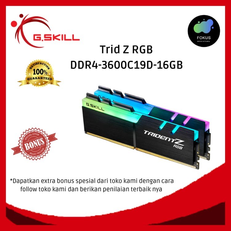 Gskill Memory RAM Trident Z RGB PC 28800 DDR4 3600Mhz DUAL CHANNEL 16GB (2X8GB) -F4-3600C19D-16GTZRB