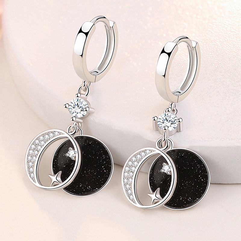 Anting Gantung Sterling Silver 925 Model Bulan + Bintang Hias Kristal Vintage Untuk Wanita