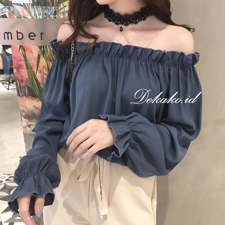 ADANA Baju Sabrina Atasan Wanita Korean Crop Top Blouse Kerut/Serut Lengan Panjang Jumbo Sabrina