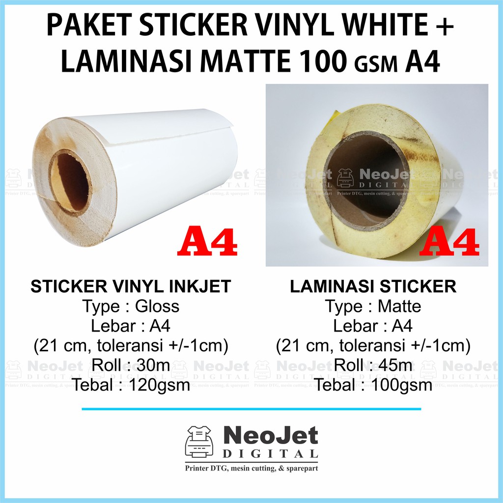 

Paket Sticker Vinyl Inkjet White Laminasi Matte Doff 100 gsm A4 Stiker Tinta Dye Pigment Art Paper