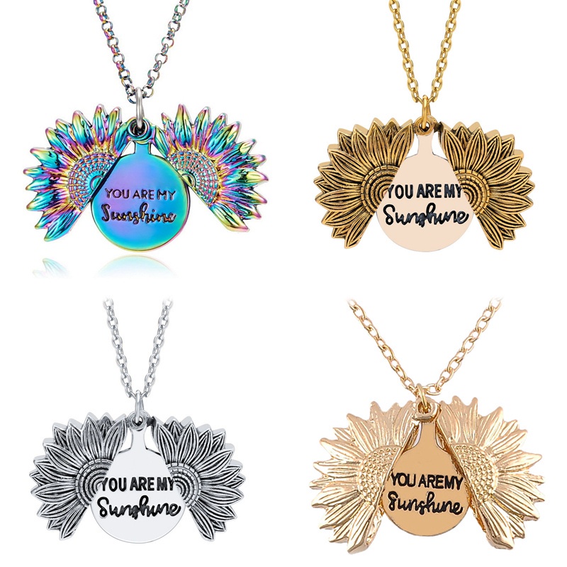 【Ready Stock】Vintage Women Gold Silver Rose Gold Pendant Lover Couple Necklaces You Are My Sunshine Open Locket Sunflower Long Necklace