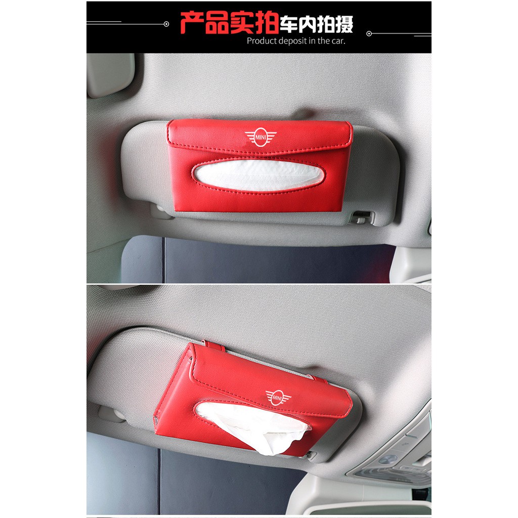 Kualitas Tinggi Universal Pelindung Matahari Mobil Tissue Box Holder PU Kulit Kotak Tisu Cover Case Aksesoris untuk Logo Mini Cooper Countryman Clubman Mini Cooper S One d F54 F56 F60 R56 R60