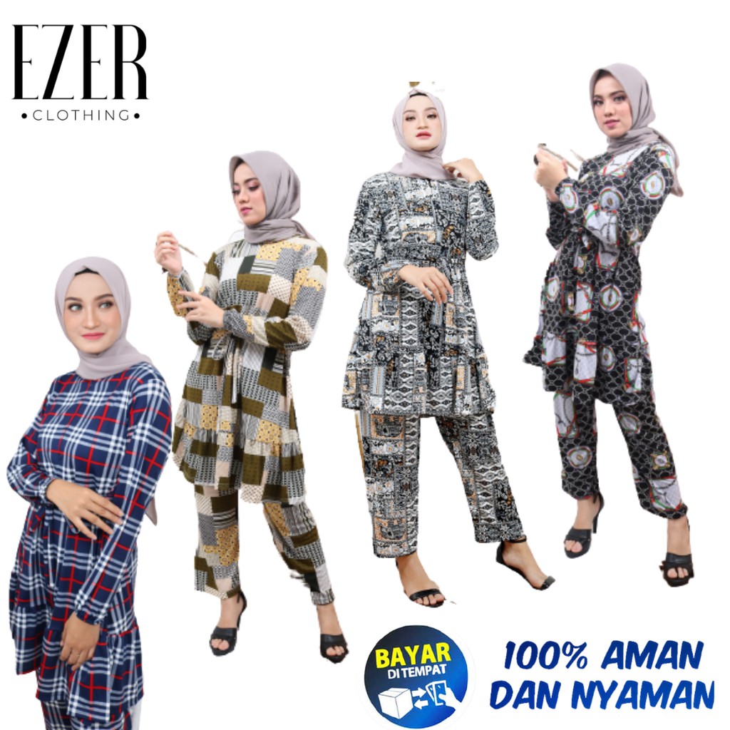 EZER Setelan Celana One Set Wanita Dewasa Long Tunik Terbaru Motif Gucci & Gajah Jumbo Premium Kekin