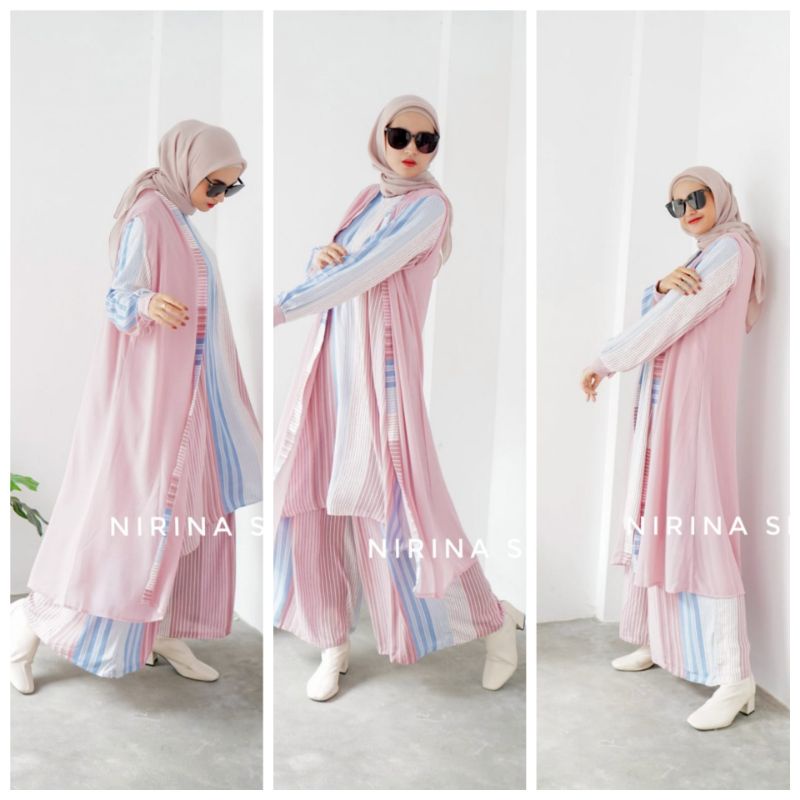 Nirina Set 3in1 Setelan Wanita Kekinian / One Set Setelan Celana Kulot Outer Rompi bisa dilepas / On