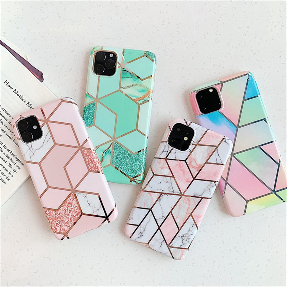 Geometric Marble Texture iPhone 11 X XR XS Max 11 Pro Max Soft IMD Cases Cover For iPhone 6+ 6S 7 8 Plus full cover