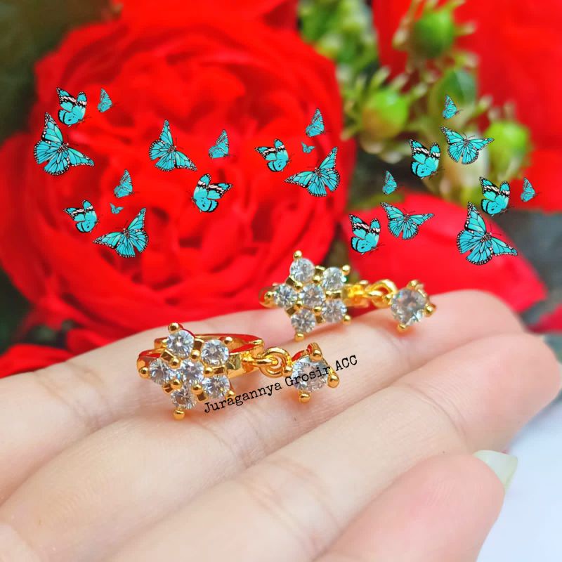 TITANIUM Anting Wanita Jepit Bunga Sakura Permata Jurai Anti Karat