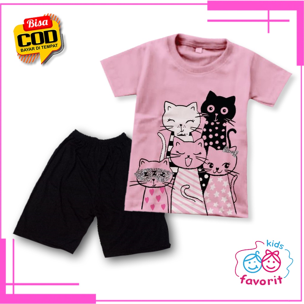 Favorit kids Baju setelan anak perempuan lengan pendek | baju anak cewek motif cute cat