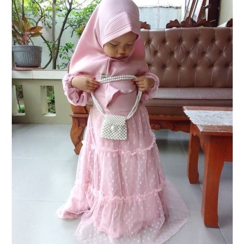 Set Gamis Syar'i Balon Tutu (1-12th) Plus Hijab Lengan Balon Tile Tille Dot - Setelan Dress Lokal ba