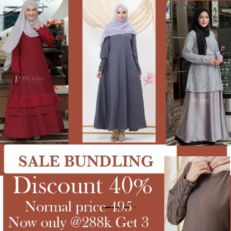 ellin hijab diskon bundling 3 gamis 290rb