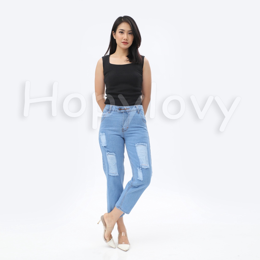 HOPYLOVY Celana Panjang Jeans Boyfriend Wanita Sobek Double Button BF Velania