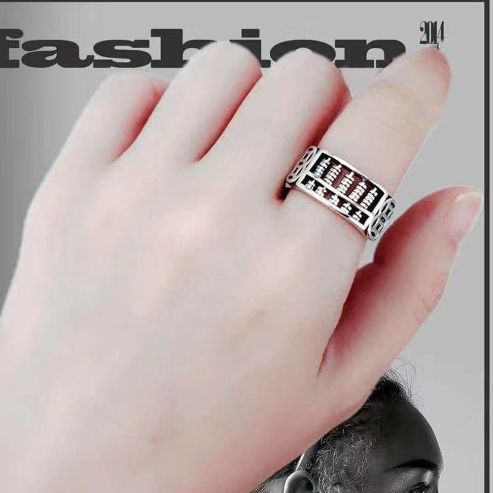 Cincin Model Terbuka Desain Sempoa Warna Silver Gaya Retro Untuk Pria Dan Wanita