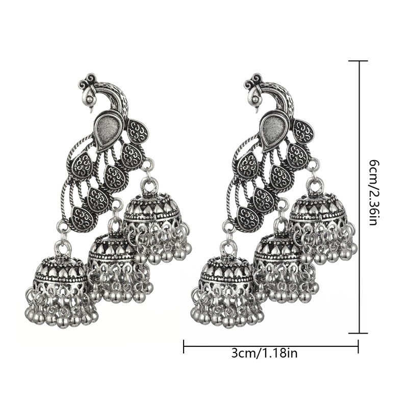 Anting Rumbai Panjang Desain Ukiran Bunga Burung Warna Silver Gaya Antik Indian Jhumka Untuk Wanita