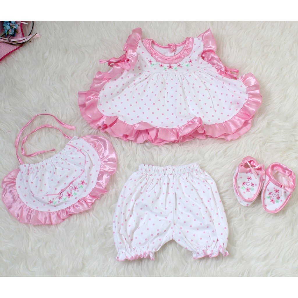 Set bayi dot besar 4in1/Setelan Baju Bayi Perempuan Premium/Setelan Bayi Dapat Sepatu