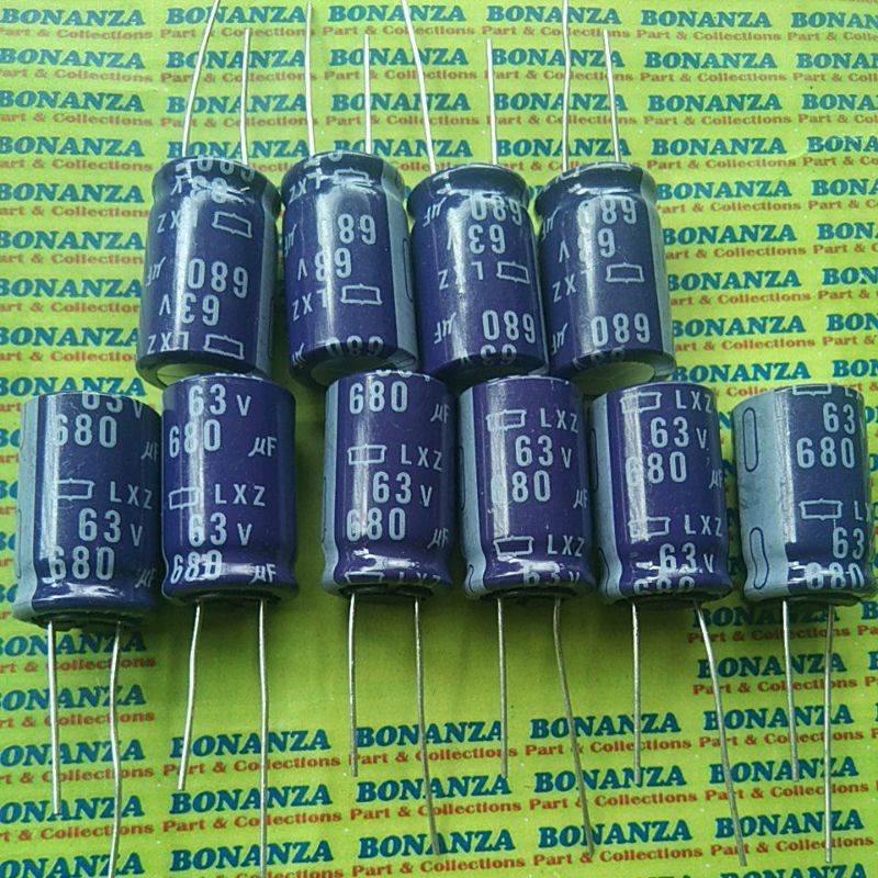 10pcs 680uf 63v diameter 1.6cm x 2.5cm jarak kaki 8mm