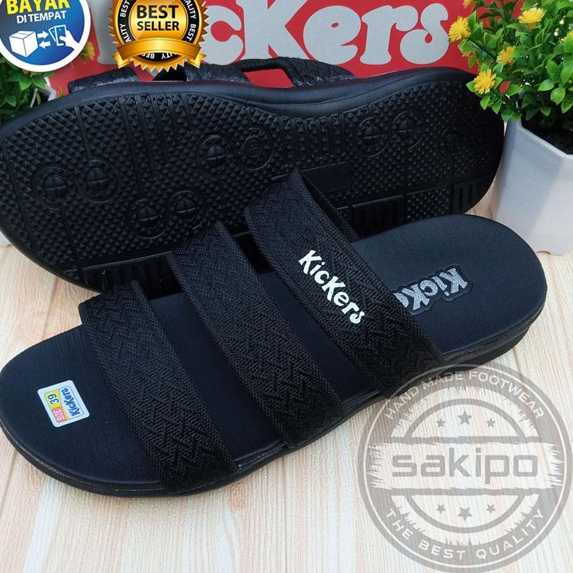 Mar31au22a ‑  FASHION  SANDAL PRIA DEWASA KICKERS SLOP BISBAN LURUS HITAM / SAKIPO