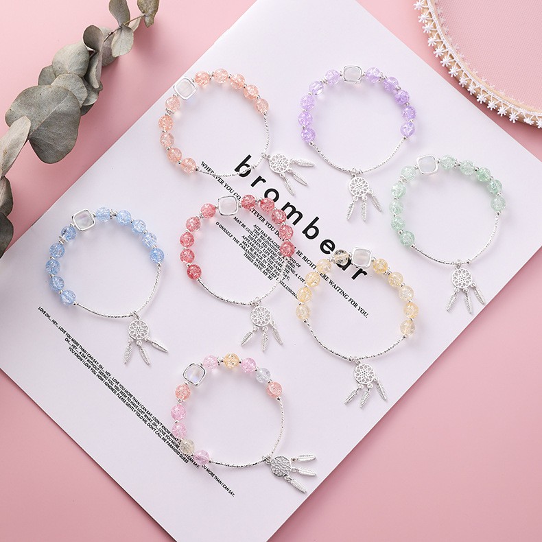 XiaoboACC Gelang Tangan Manik-manik Kristal Dreamcatcher Warna Pink Ala Korea untuk Wanita