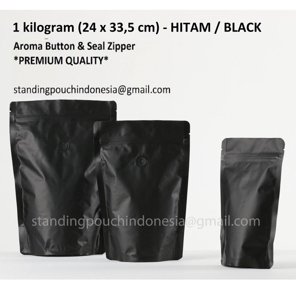 

Kemasan Kopi Standing Pouch 1 kg kilo(50PCS) (VALVE + ZIPPER) - HITAM *PREMIUM