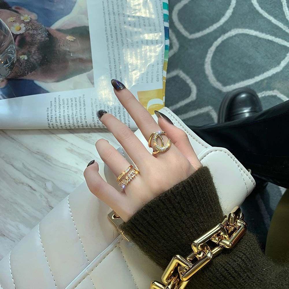 Mxbeauty Cincin Model Terbuka Bentuk Lingkaran Ganda Bahan Logam Aksen Zirkon Gaya Korea Untuk Wanita