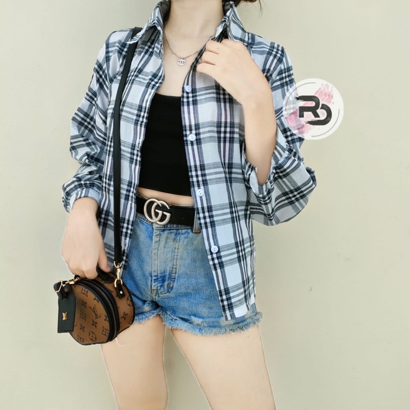 RD FASHION KEMEJA GUILEN OVERSIZE SHIRT BAHAN KATUN KOTAK YANDETH FIT L-Kotak KERLI PUTIH