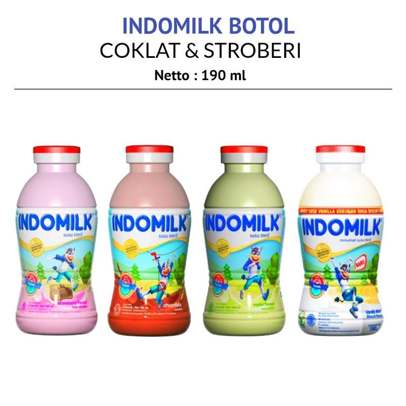 

Indomilk UHT BOTOL 190ml - SUSU INDOMILK MELON COKLAT STROBERI SUSU INSTAN.