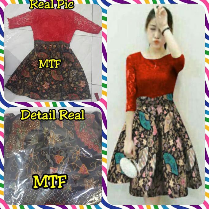Dress Combi Batik Kipas Violin - Merah