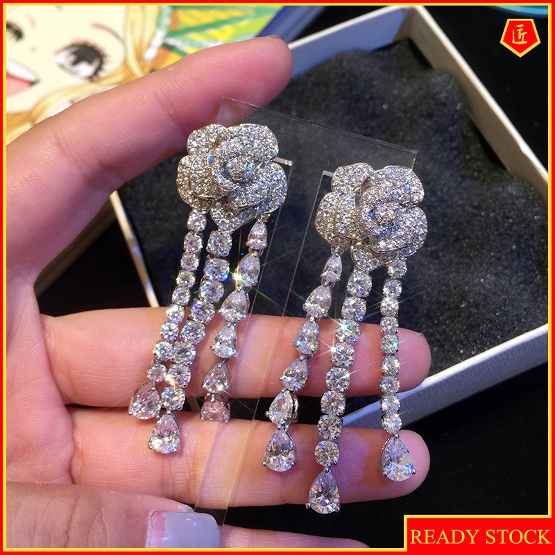 [Ready Stock]Long Camellia Tassel Earrings Fashion