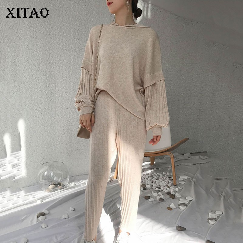 XITAO Two Piece Set Hooded Collar Pleated Knitted Patchwork Top Women Elegant Waist