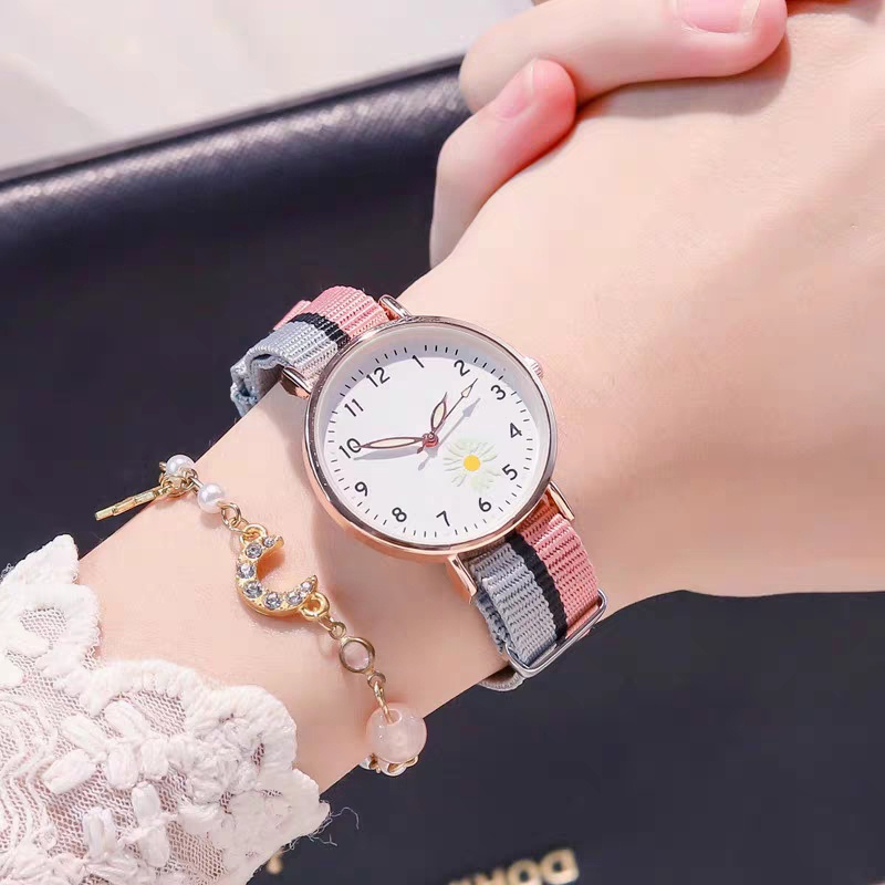 Jam Tangan Analog Wanita Gaya Korea Strap Canvas Warna-Warni Dial Bulat Motif Bunga Daisy