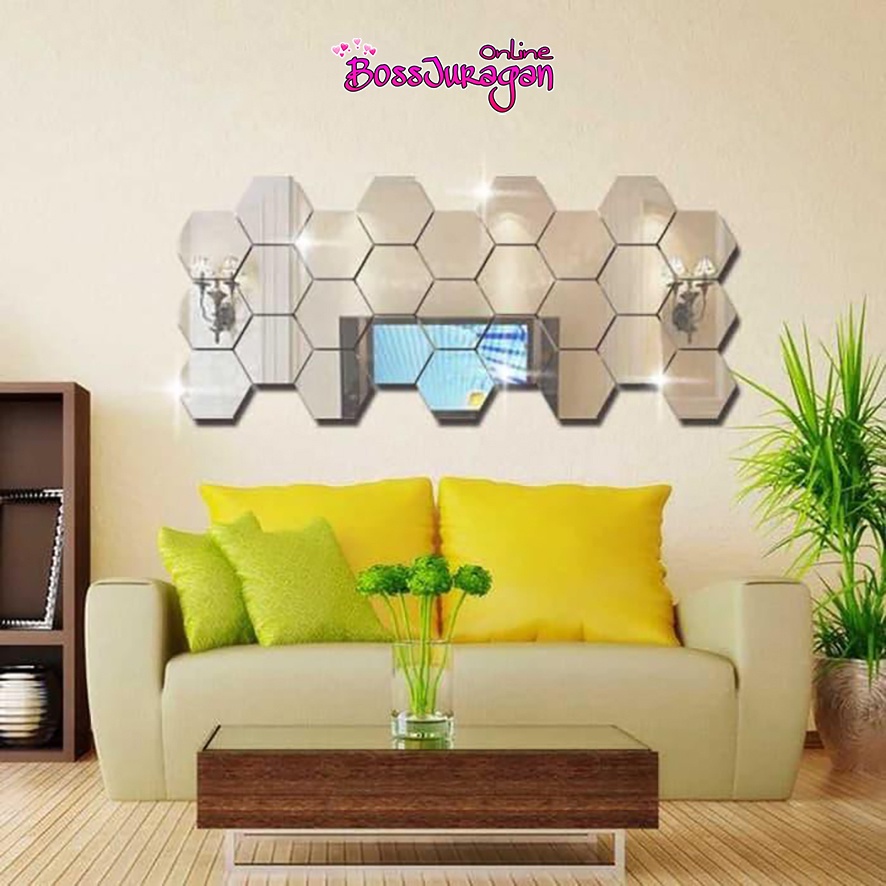 (BOSS) Acrylic Mirror - Hiasan Dinding Stiker Acrylic Bentuk Motif -(Hexagonal/Fish/Layangan/Lampion/Kipas)