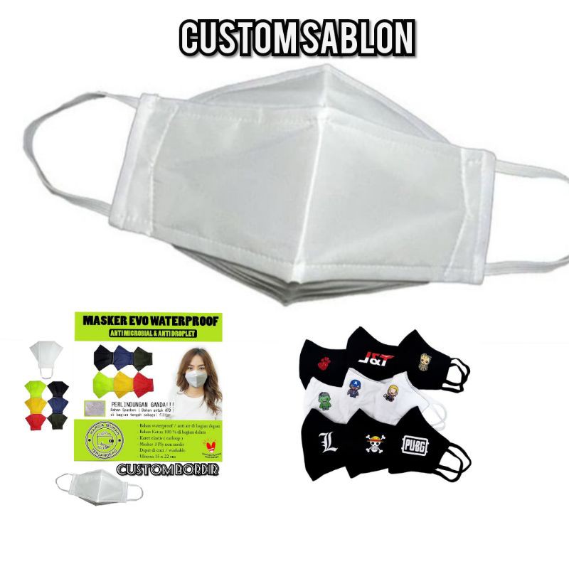 masker kain 3ply waterproof model Evo gratis sablon cetak logo/nama