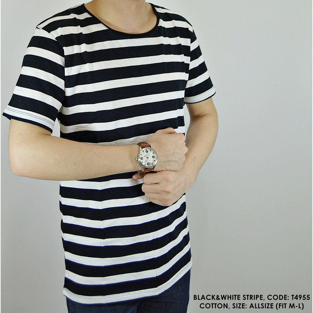 BAJU KAOS COWOK PRIA  SANTAI SALUR GARIS HITAM PUTIH