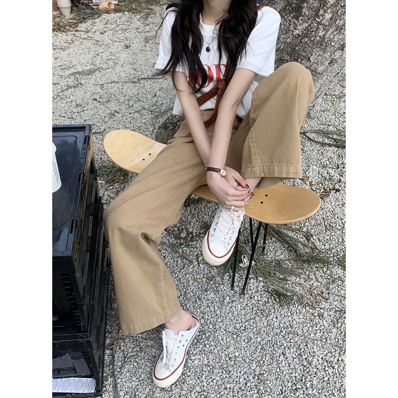 [chaoo.id]Celana kargo berkaki lebar model pinggang tinggi lurus longgar cocok untuk semua celana jens wanita/Korean style straight leg loose khaki jeans